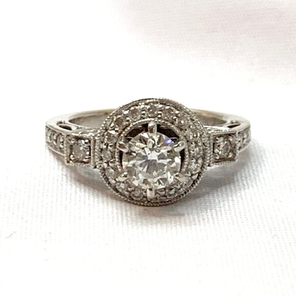 18K White Gold Natural Diamond Engagement Ring Halo Design Filigree Shoulders Ri - Picture 5 of 16